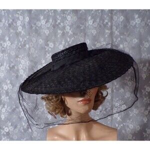Vintage 50s Wide Brim Hat with Veil 1950s Retro Dramatic New Look Film Noir